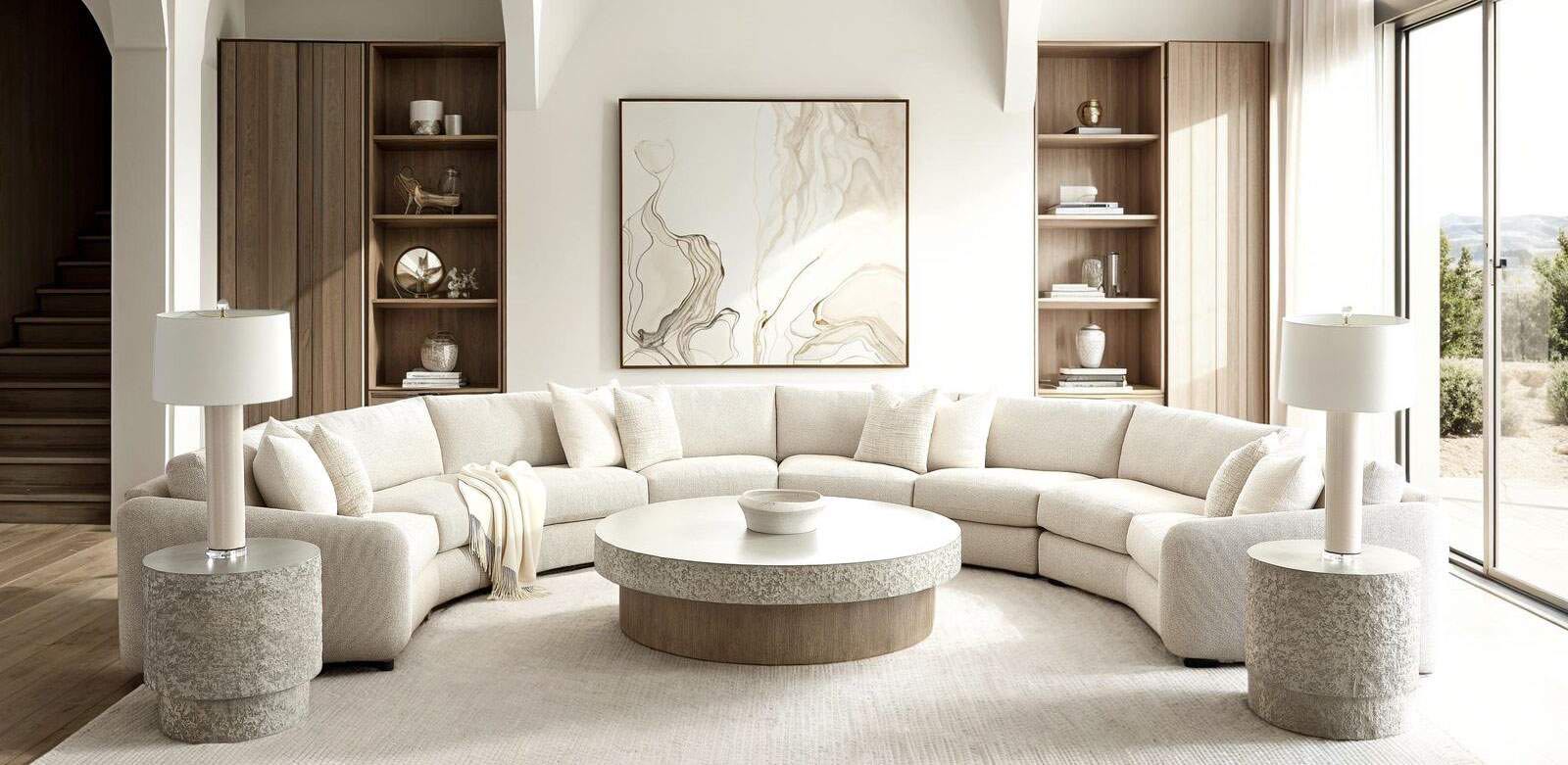 Family living room with a curved cream sectional and round coffee table