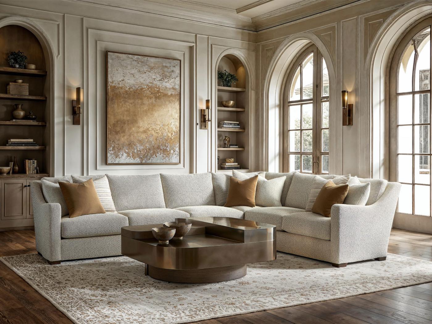 Living room with a custom sectional in performance fabric