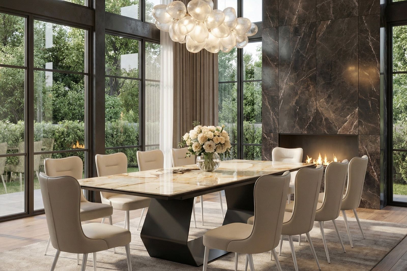 Ceramic-top extension dining table with seating for eight